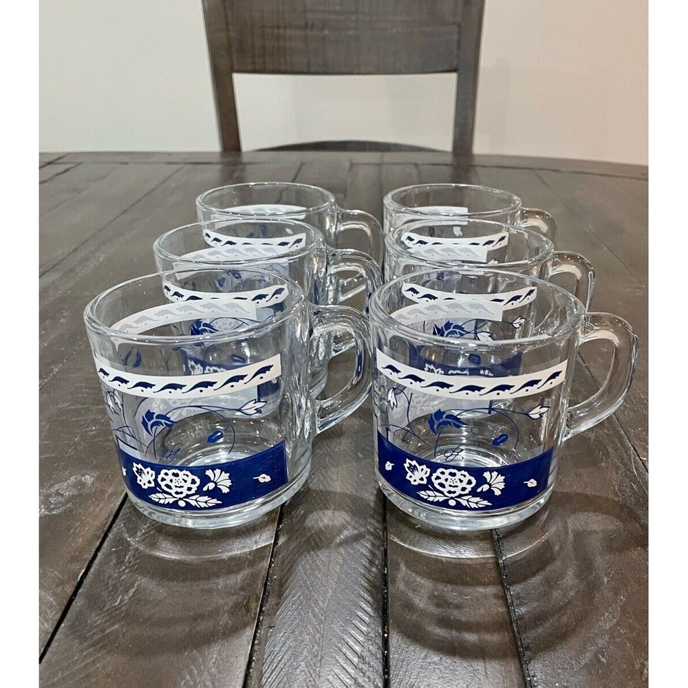 Anchor Hocking Clear‎ Glass Blue Old Blue Onion Floral Scene Mugs Set Of 6 MCM